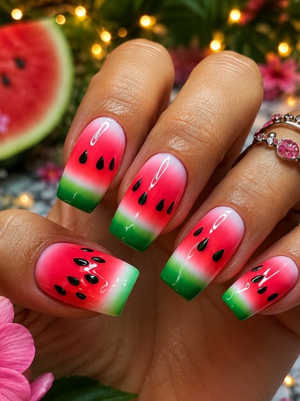 Watermelon Gradient Nail Set — Pink & Green Summer Nails